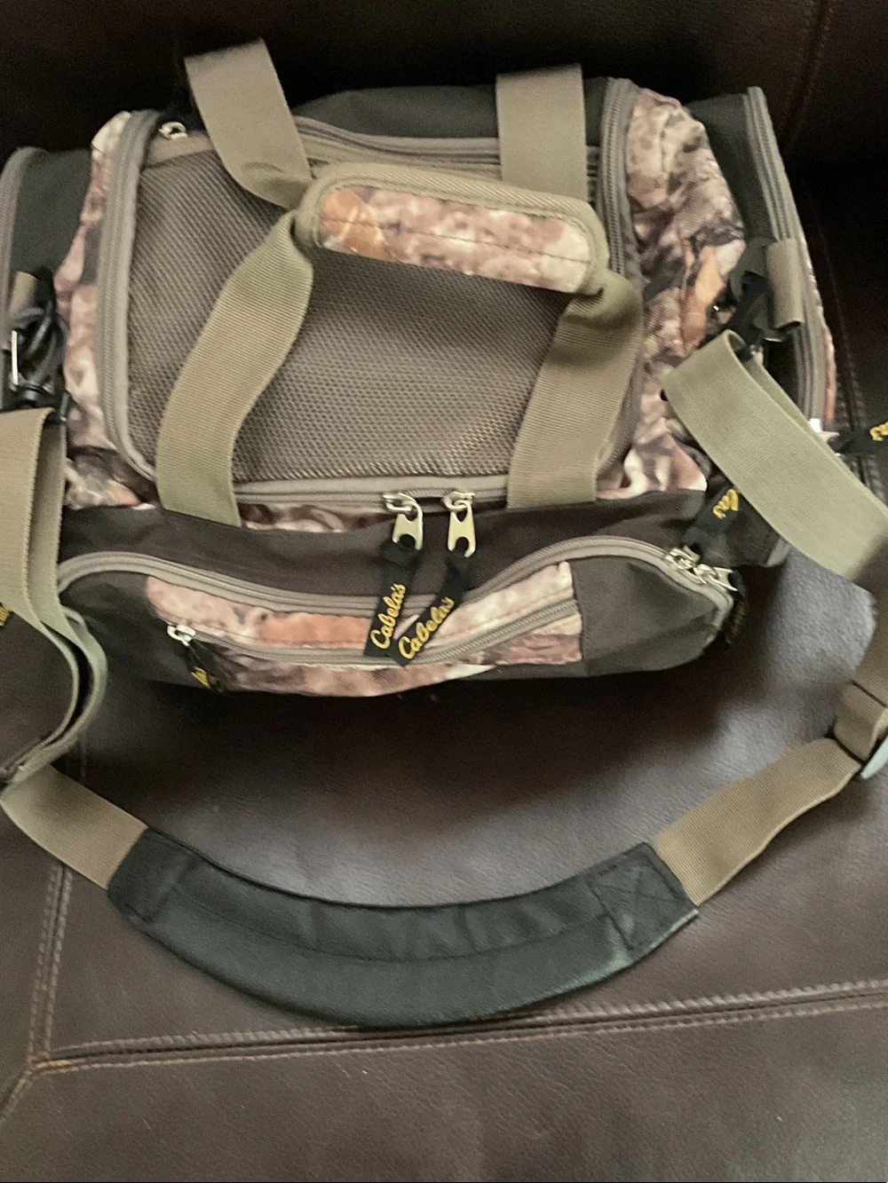 Cabela's Camo and Olive Green Duffel Bag with Yellow Logo